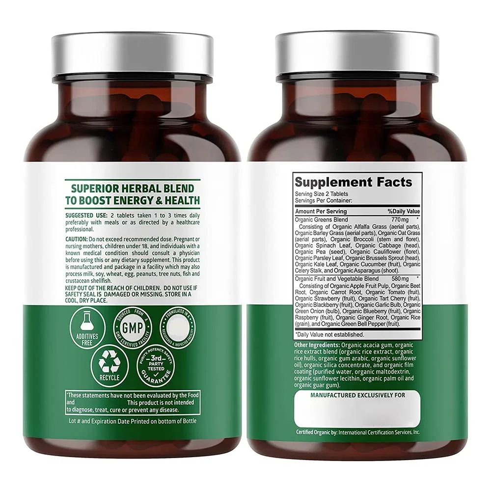 2024 Vegan Boost Energy Immunity and Gut Health Organic Superfood Greens Tablets Beet Root and Ginger Pills