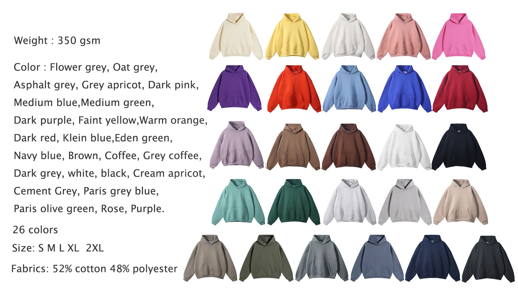 Custom Oversized Cotton Blank Pullover 350 GSM Blank Regular Sleeve Spring Autumn Fleece Hoodies&Sweatshirts Unisex No String