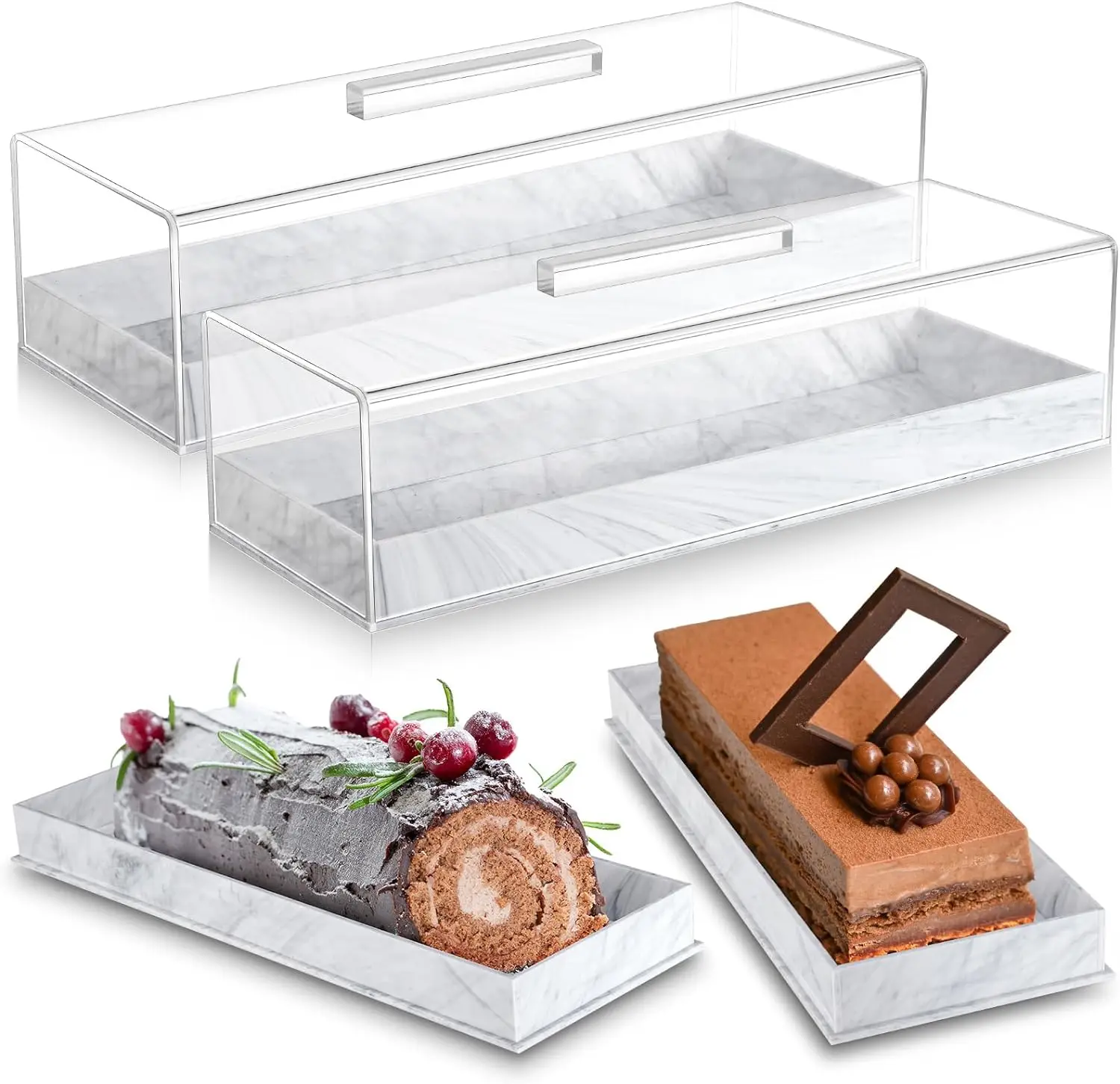 Elegant Marbleized Grain Rectangular Cake Stand Acrylic Cake Holder Lid Grey Serving Tray Pastry Display Case Plastic Crafts