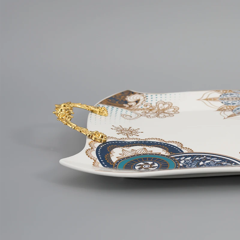 Hot Selling Irregular Square Shape Decorative Ceramic Embossed Decal  Fruit Candy Chocolate Tray Plate Set