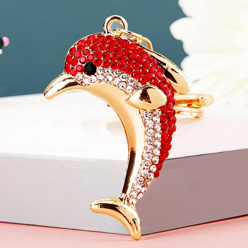 Hot Sale Customize Animal Dolphin Shiny Luxury Colorful Stone Metal Zinc Alloy Key chains