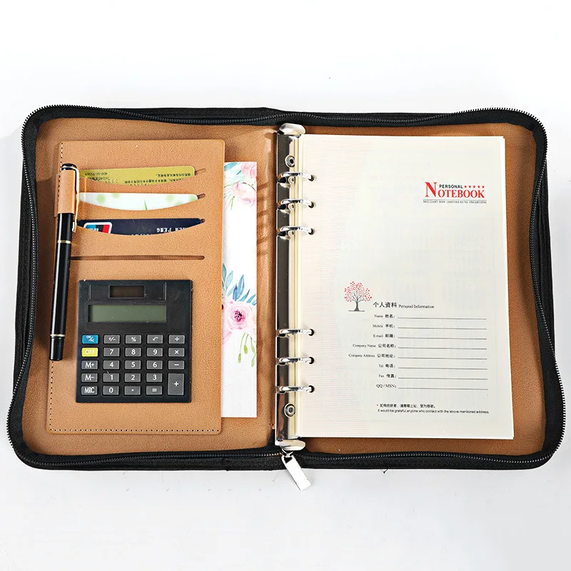 Рекламный кожаный файл конференции папка кольцо переплет с калькулятором блокнот