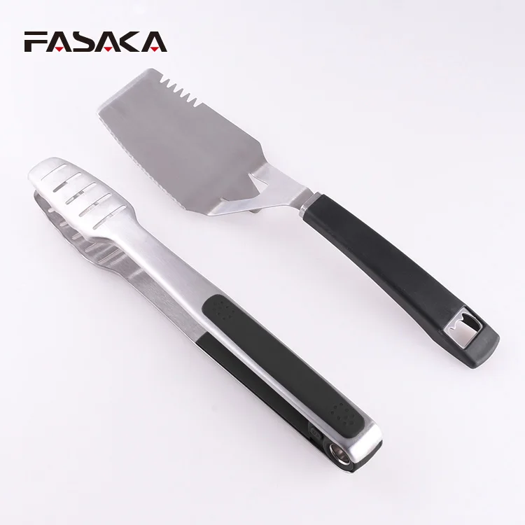 New design heavy duty plastic handle stainless steel outdoor charcoal 2PC bbq grill tools set