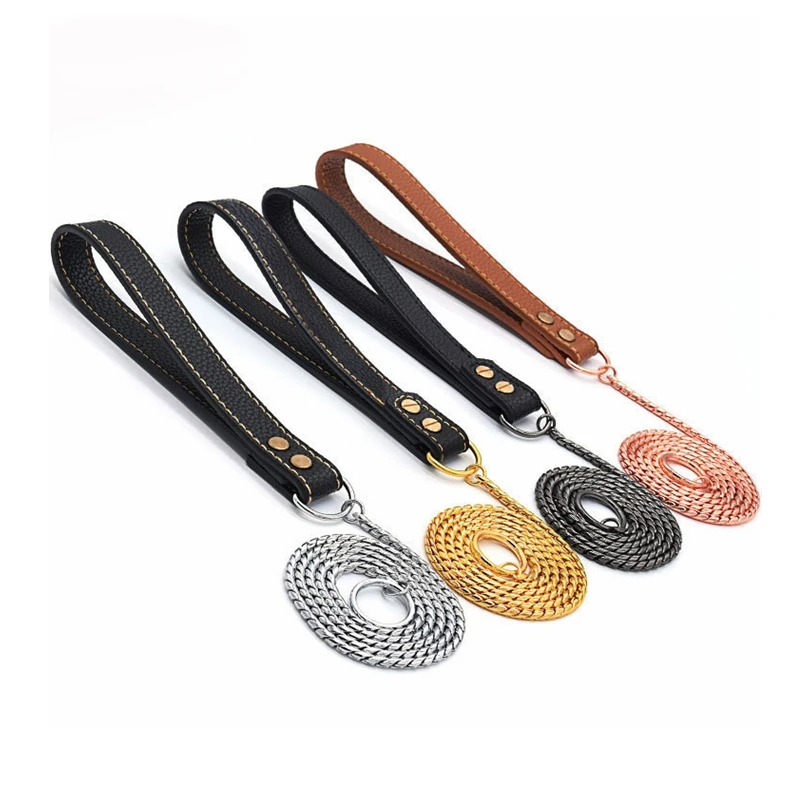 Wholesale Custom 4 Colors  4.5mm golden Cuban Snake Choke Dog Leash Chain With Leather Handle