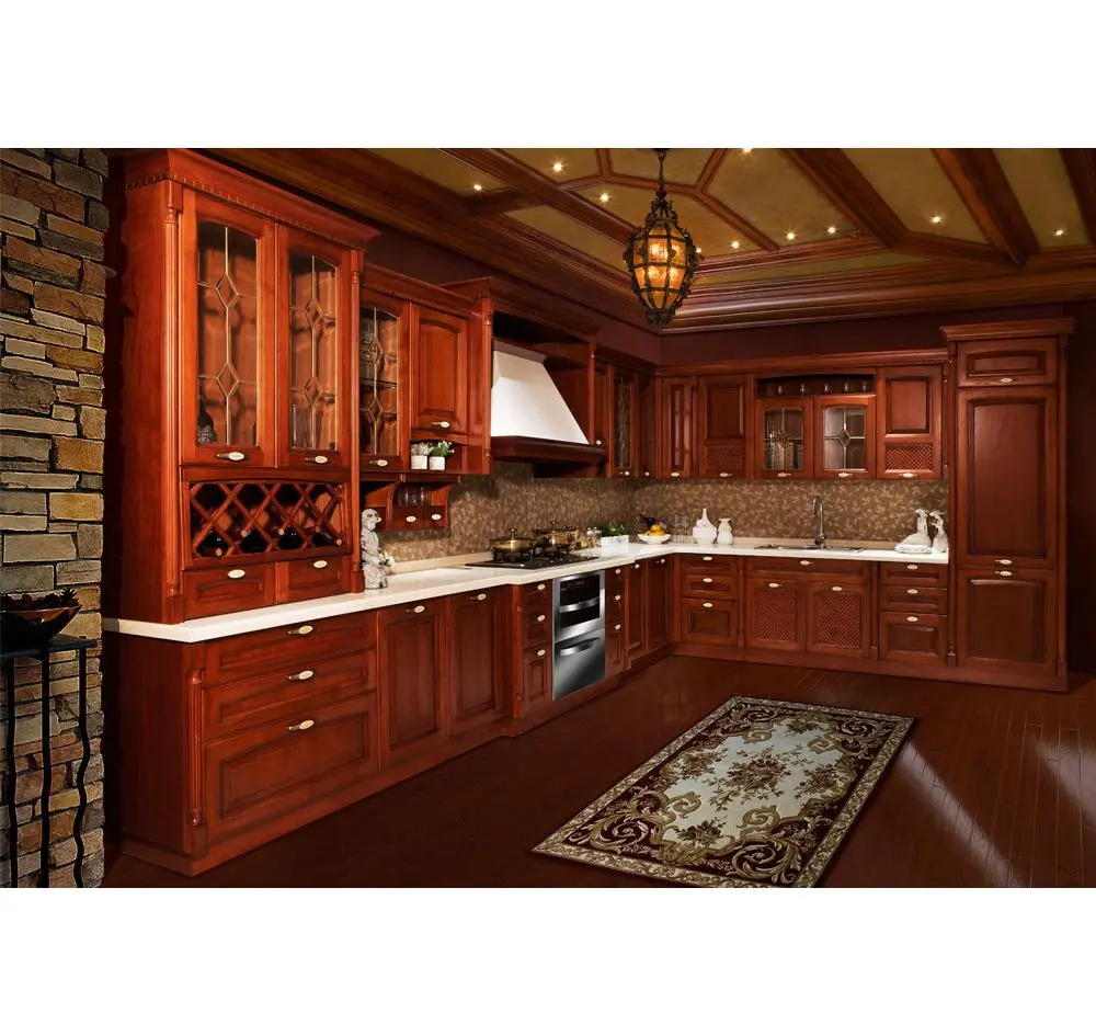 Luxury Custom Showroom Classical Walnut Solid Wood Kitchen Cabinets