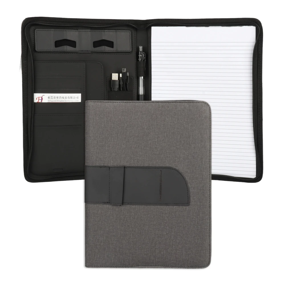 Custom Wireless Charging PU Leather Padfolio Portfolio Organizer Zippered A4 Portfolio Folder Organizer with Power bank
