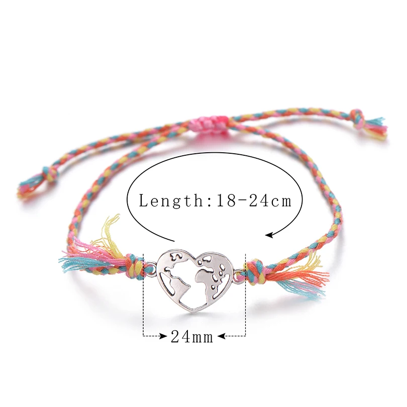 Bohemian Style Rope Braided Heart Bracelet Lover Couple Best Wishes World Map Charm Bracelets Women Wish Jewelry Gift