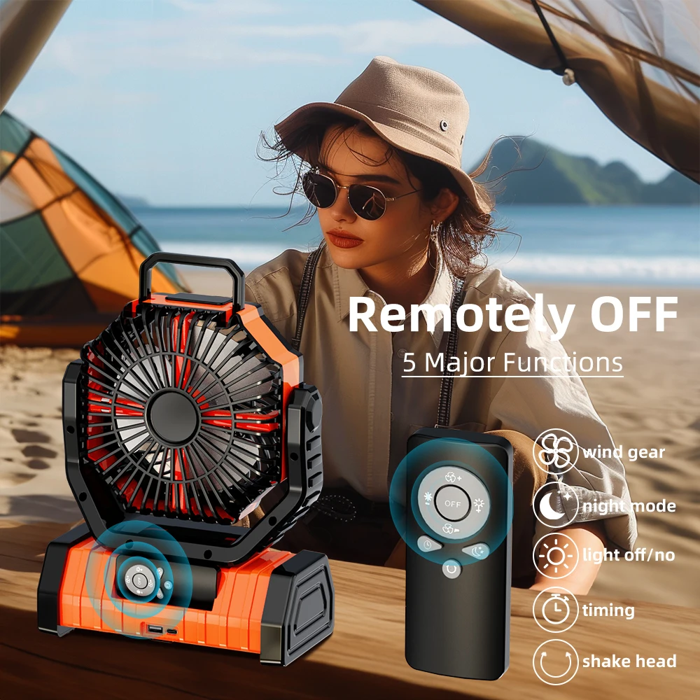 2024 New Trending Hook Portable Outdoor 20000mAh Auto-Oscillating Plastic desktop desk table fan with battery and led light