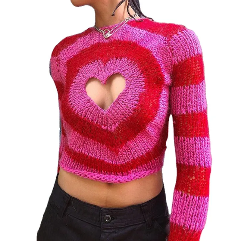 Free shipping Fashion heart hollow Designed Ladies Knitted Pullover Solid Long Sleeve O Neck Women Pullover sweet Sweater