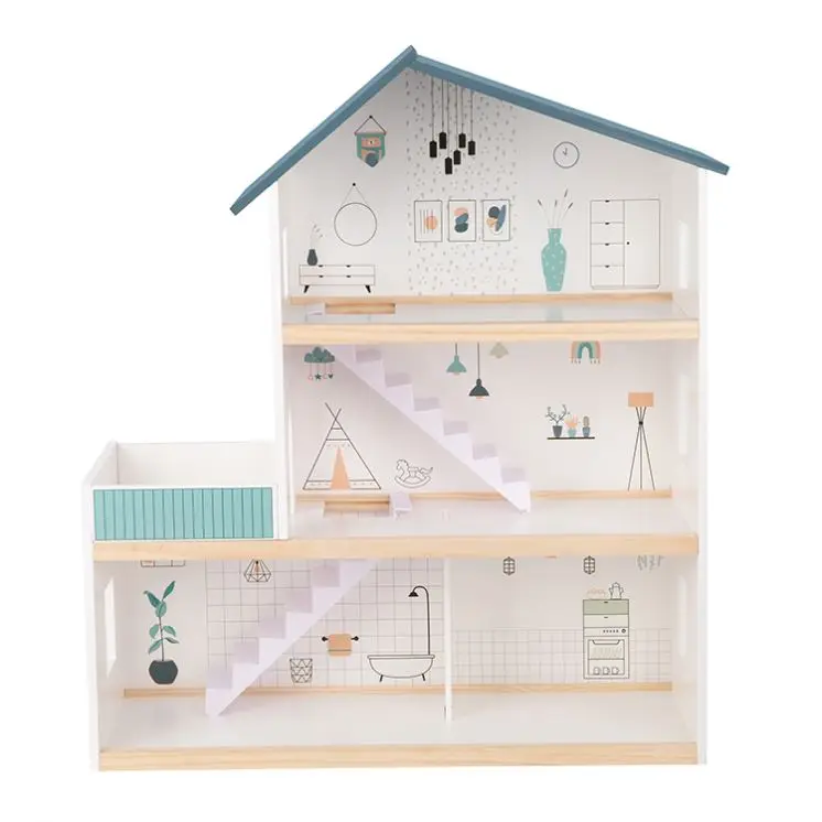 2024 New Furniture wooden toys Petend Play Game Kids Big Wooden Doll House For Children