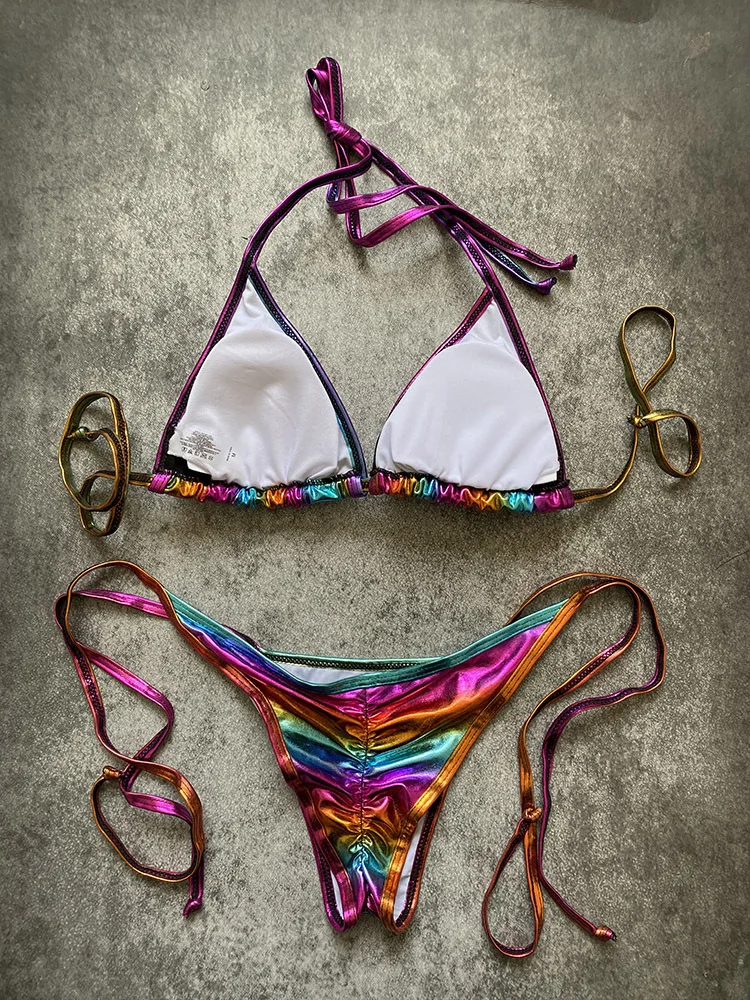 2022 Micro Mini Color Bronzing Mayo Crinkle Maillot Bikini Models Seti Swimsuit Bathing Suits Swimwear for Women Sexy set