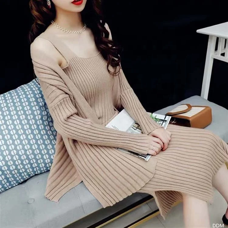 Spring Knitted Cardigans Spaghetti Strap Sweater Dress For Women 2 Piece Set Clothing