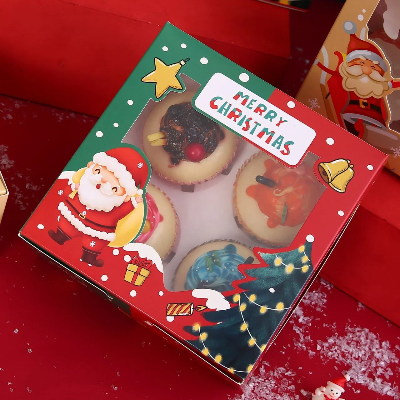 XJH 4/6/12 Holes Christmas Paper Cupcake Box with Clear Window Round Cake Bento Box with Insert and Clear Lid Jumbo Cupcake Box