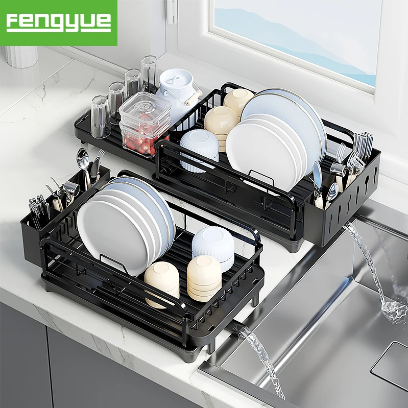 Expandable Large Dish Plate Bowl Drying Rack with Glass Mug Drainboard Pot&Pan Holder for kitchen Cabinet