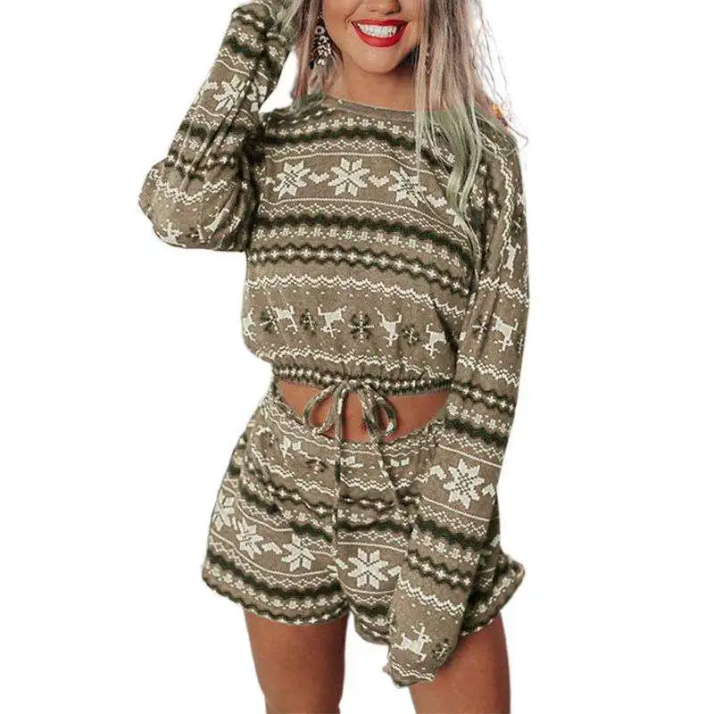 Long Sleeve Loungewear Sets Jacquard Knit Tops And Shorts Two Piece Set