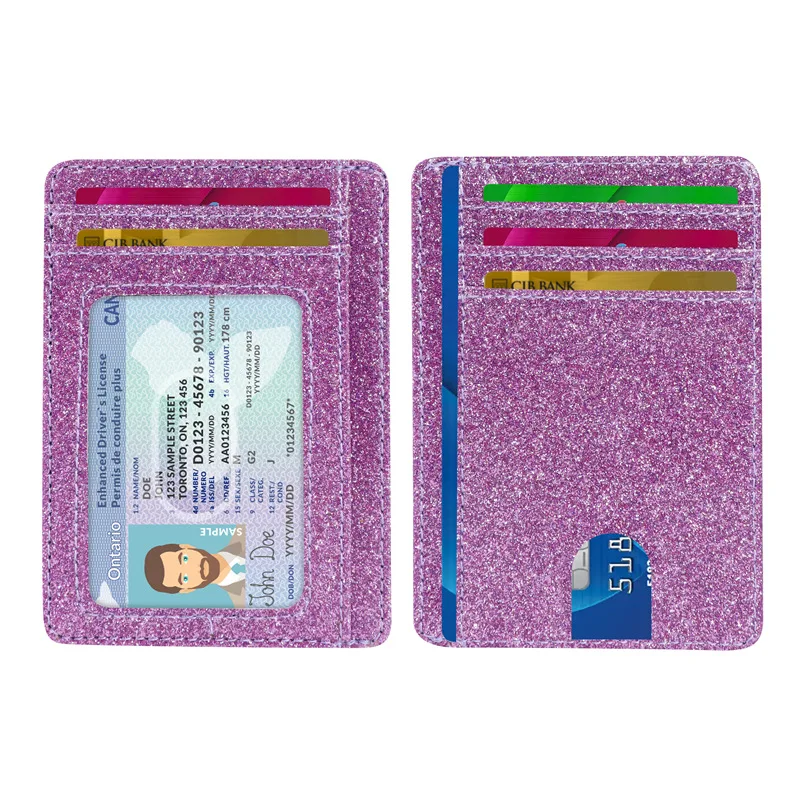 Wholesale soft bling glitter pu leather front pocket RFID blocking minimalist slim credit card holder wallet for women