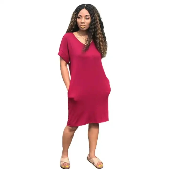 Women Summer Plus Size Straight Casual Short Sleeve Dresses Solid Color Casual T shirt Dress