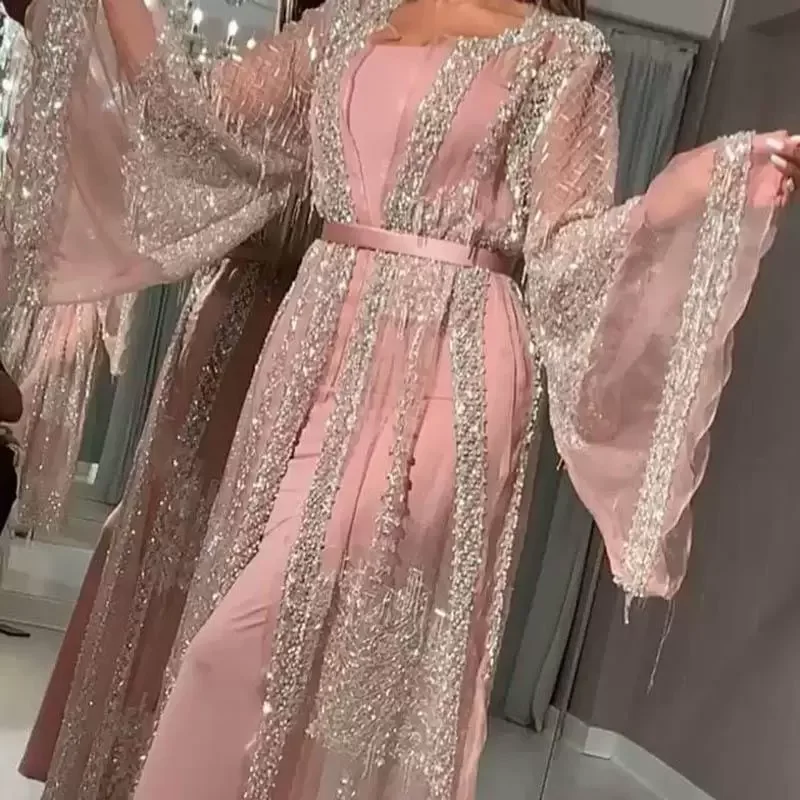 Этническая одежда Abaya Дубай мусульманское платье роскошное высококачественное кружевное с вышивкой и блестками Рамадан кафтан кимоно