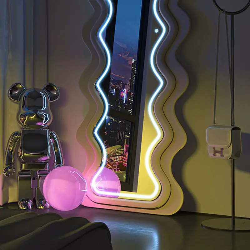 Modern Home Decor Luxury Floor Mirror Living Room Bedroom Wood Frame Wavy LED Mirror Wave Shape Floor Mirror