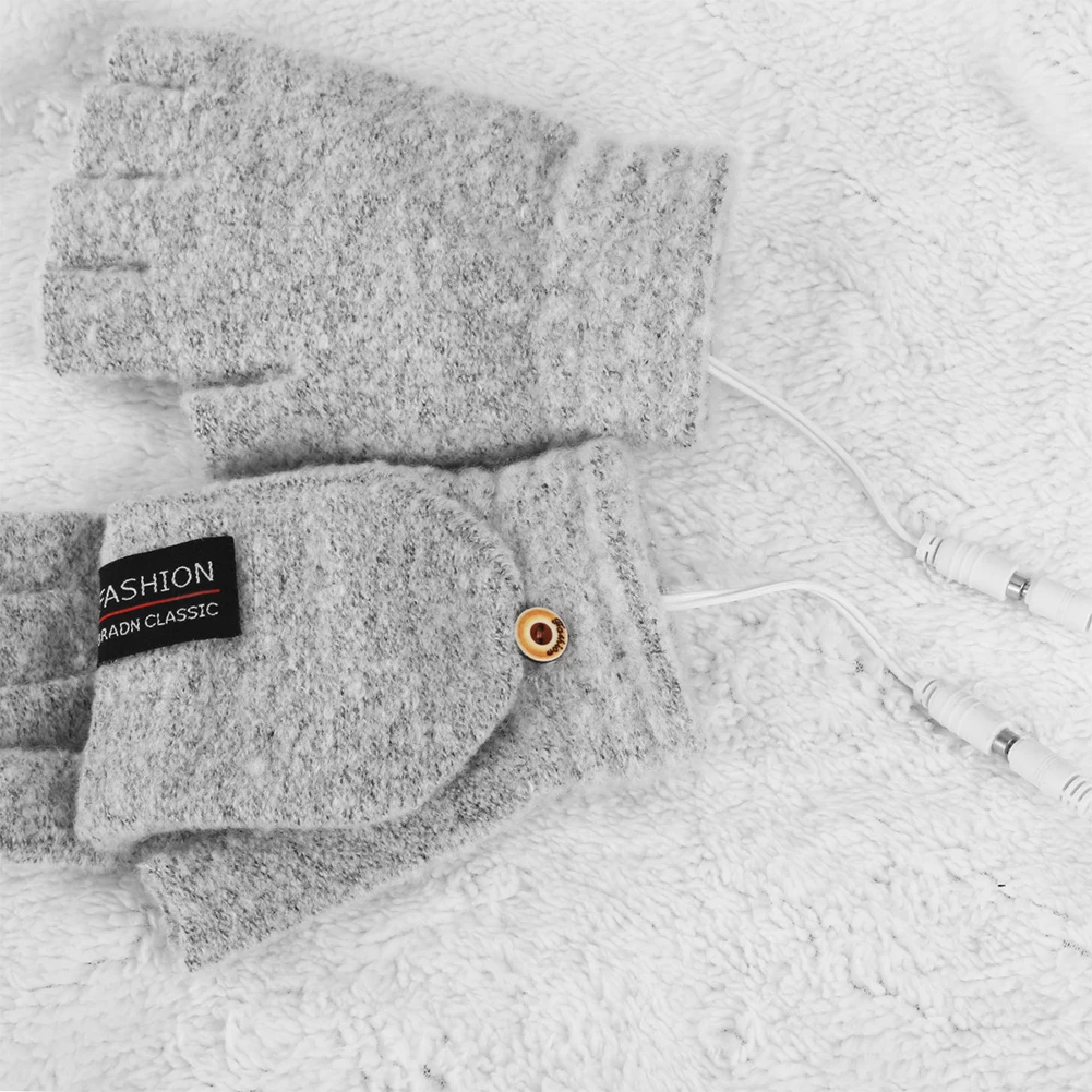 USB Electric Heated Glove 2-Side Heating Convertible Fingerless Knitted Mittens Waterproof Cycling Skiing Adjustable Heat Gloves