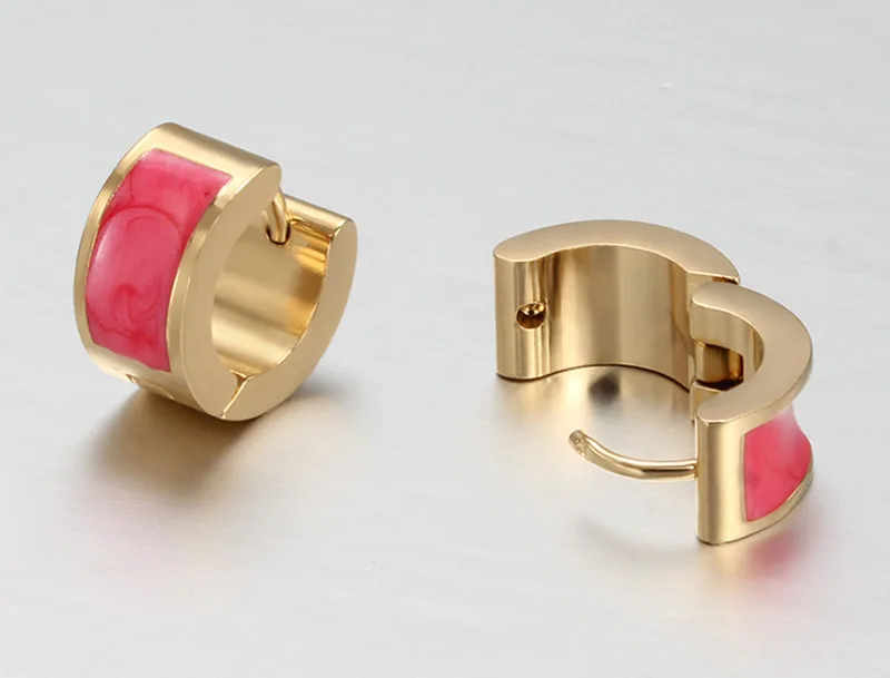 Wholesale Statement Earring Fashion Designed Cute 7mm Pink Enamel Stainless Steel Gold Plated Hoop Earrings For Girls