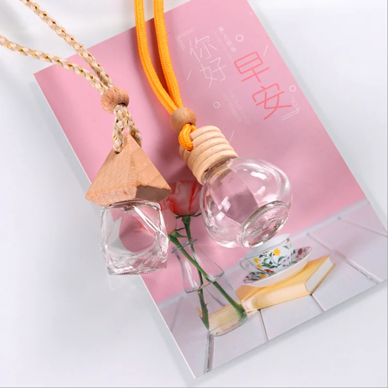 empty hanging freshener pendant car logo vent air round ball square wooden cap glass car perfume diffuser bottle