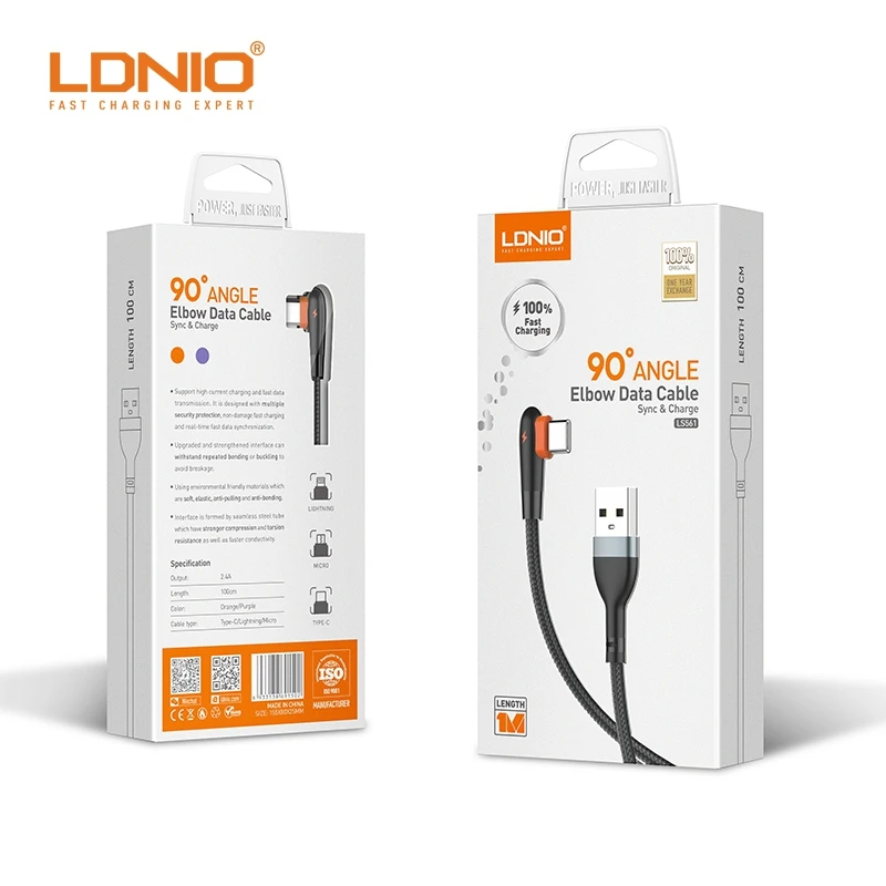 LDNIO 90 angle elbow data cable 2.4A 1meter/2meter Usb Cable Quick Charge Mobile Phone Data Cable