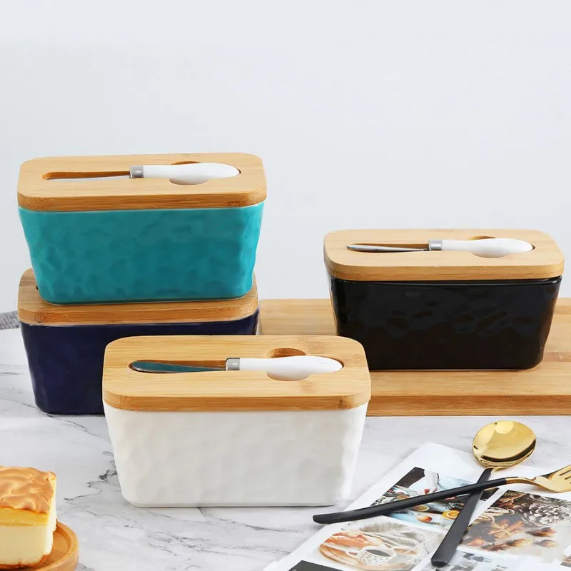 Wholesales Custom Hot Sale Rectangular Ceramic Butter Dish Keeper With Bamboo Lid And Knife For Bake