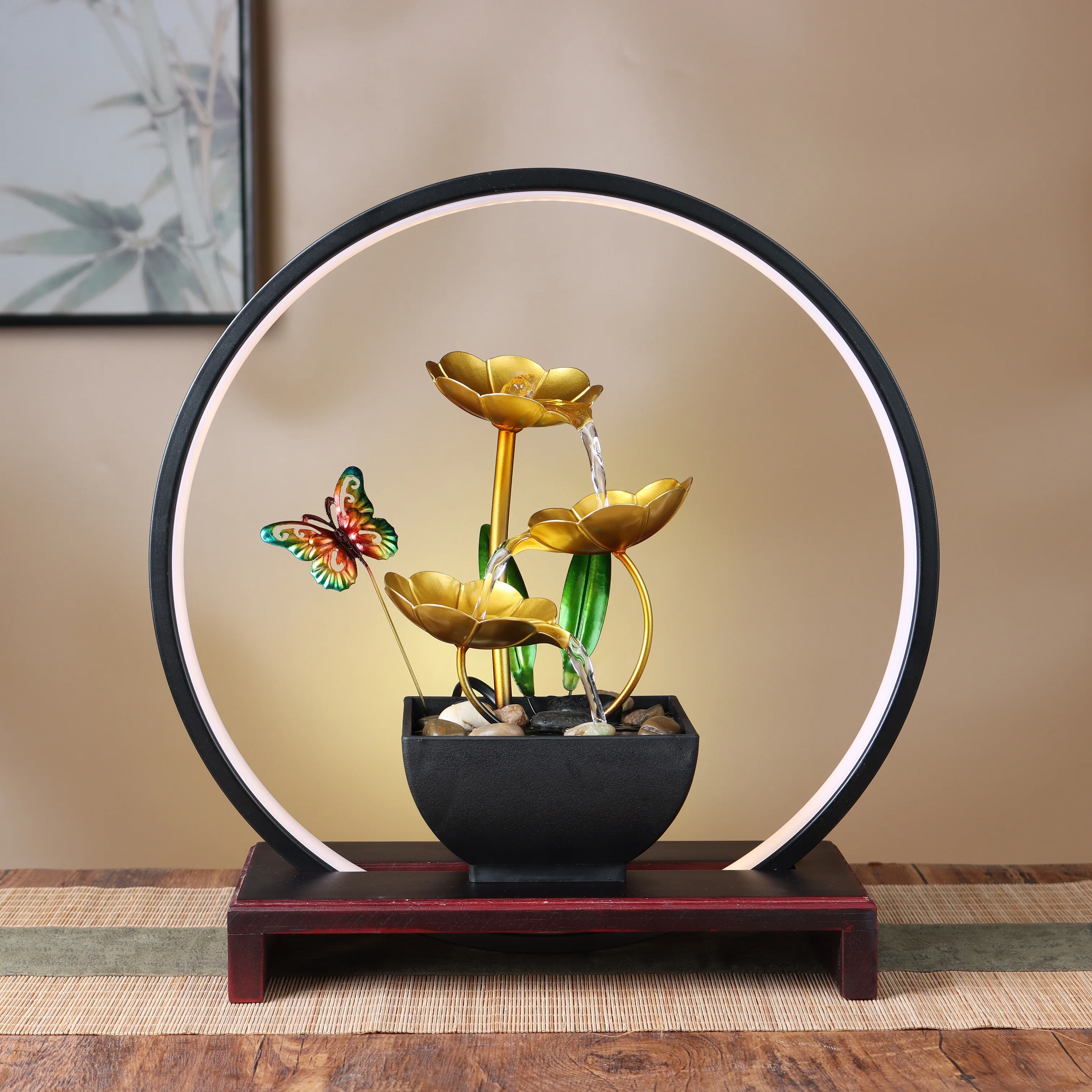 Butterfly Water Flowing with LED Lamp Circle Wood Base Metal Water Fountain for Home Decor