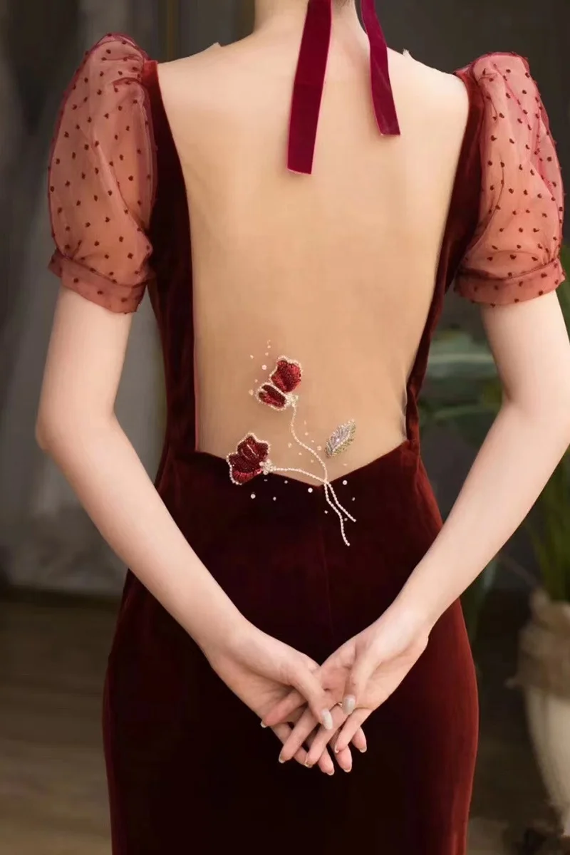 Luxury red Halter column short sleeves backless bridal maid wedding dress 2020