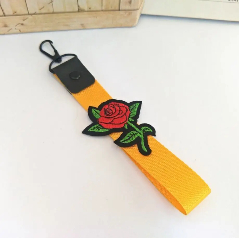 Korean Rose Flower Floral Woven Ribbon Embroidery Mobile Phone Rope Keychain Pendant,DIY Mobile Phone Strap Accessories Lanyards