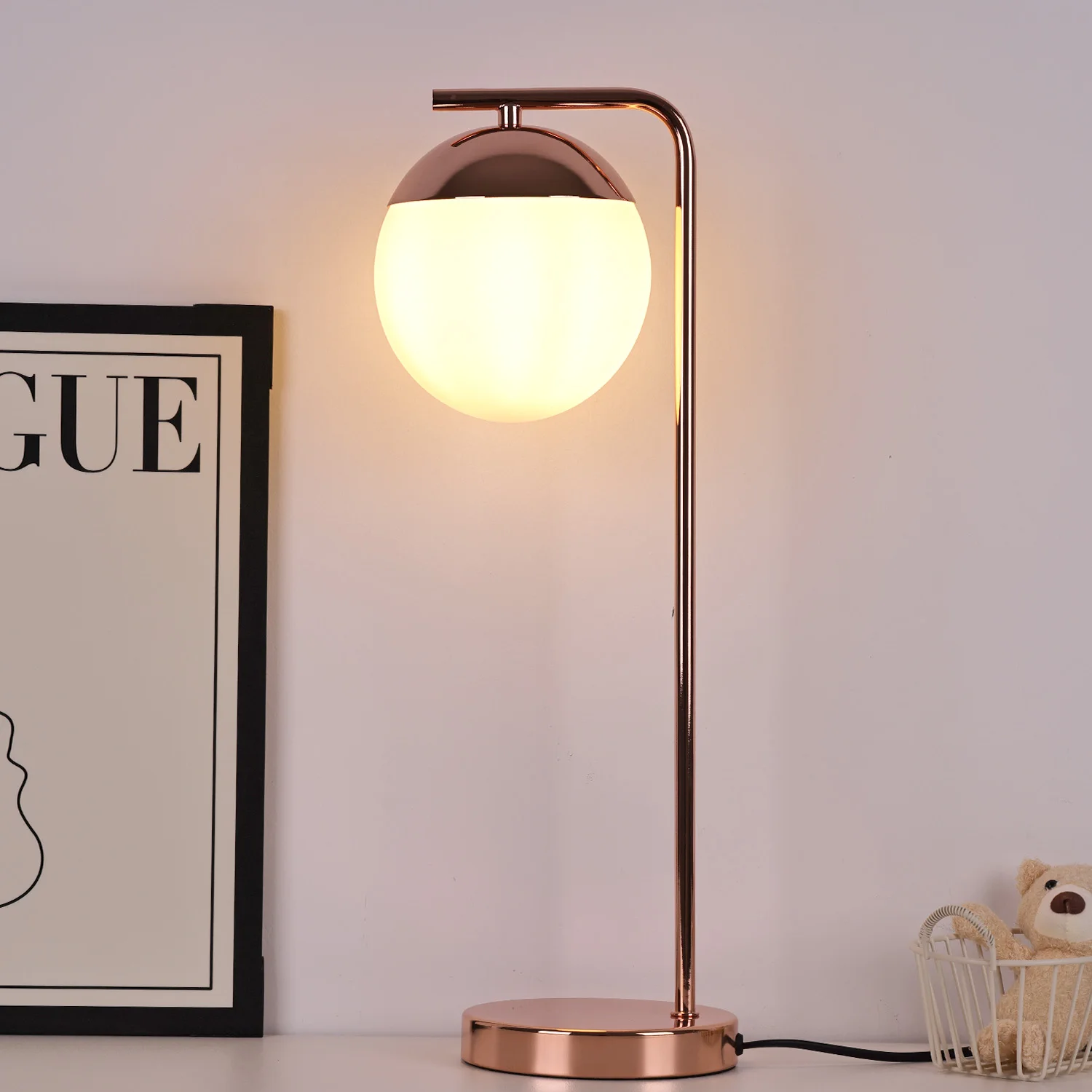 Nordic warm eye protect bedside table lamp metal switch control led desk lamp with glass ball shade