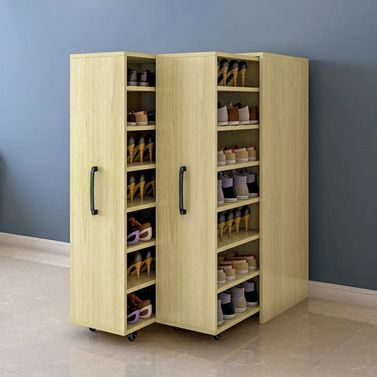 New design nordic space saving wooden foldable Pull out type Side pull shoe rack wall mount with wheels doors