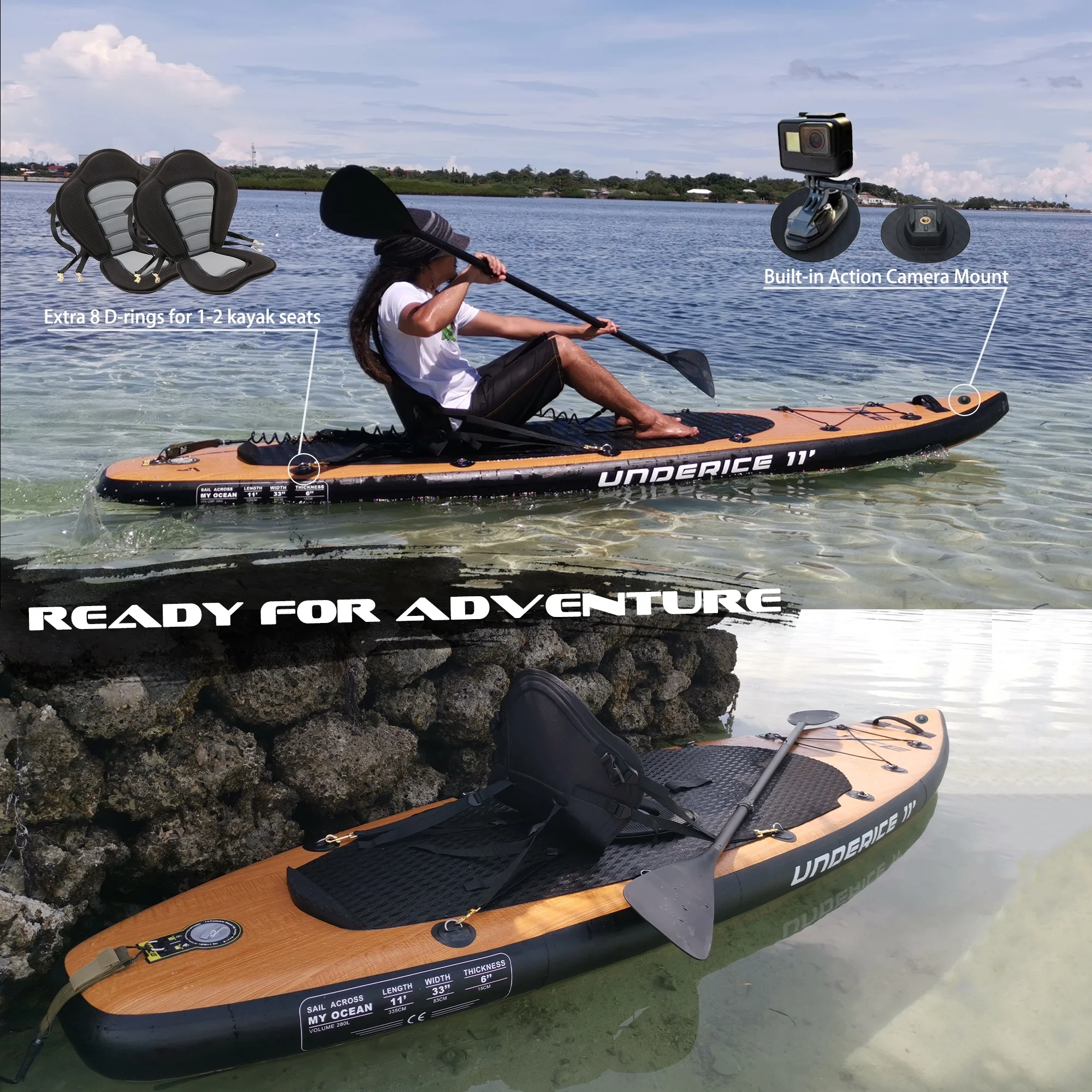 Standard Kit 11'x33''x6'' Black Wood Inflatable Sup Stand Up Paddle Board ISUP air paddle board for Kayaking Fishing Yoga Surf