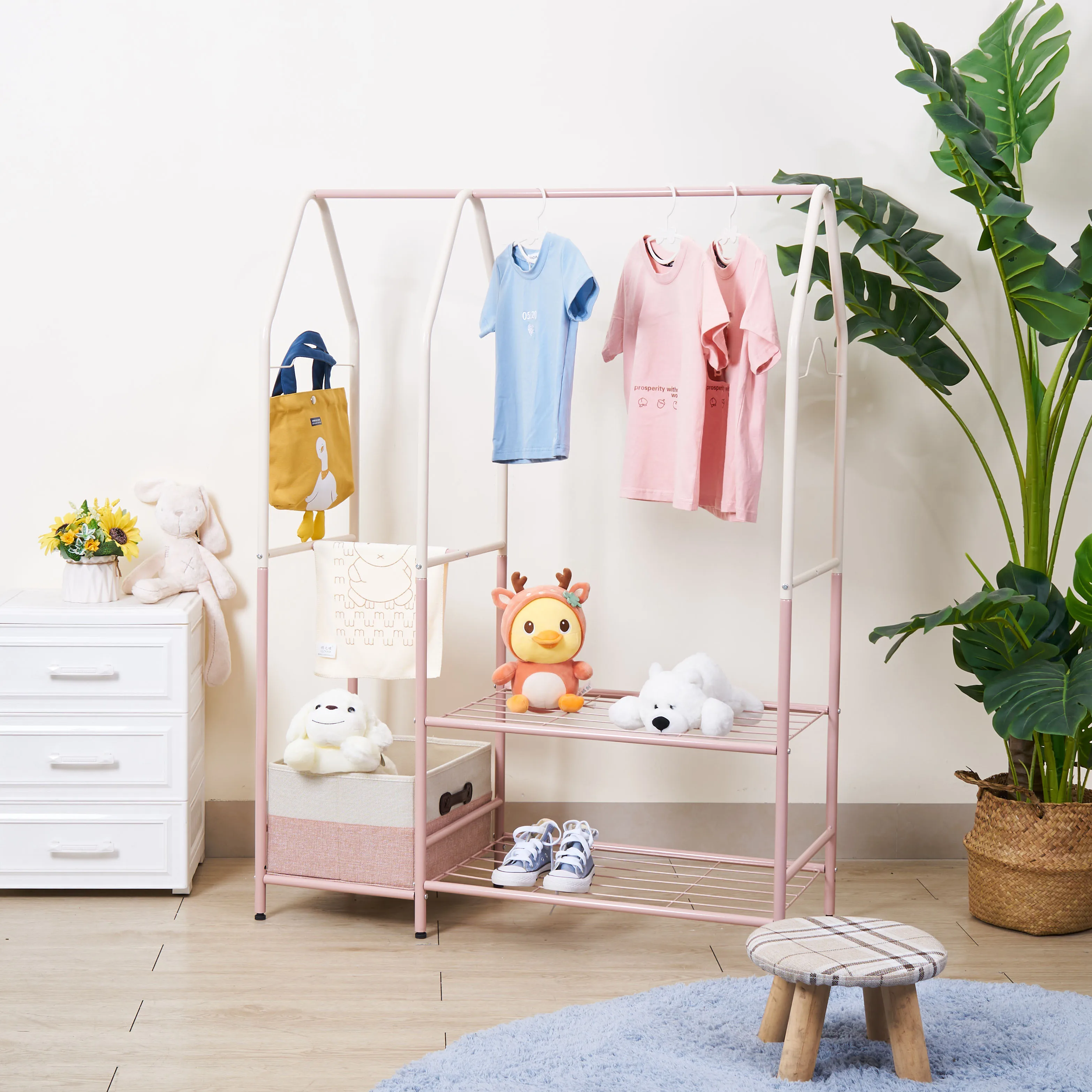 Pink Art Deco Children Garment Rack Standing Coat Hanger Cute Kids Coat Rack/Hangers/Stands With 2 Tier Storage Shelf