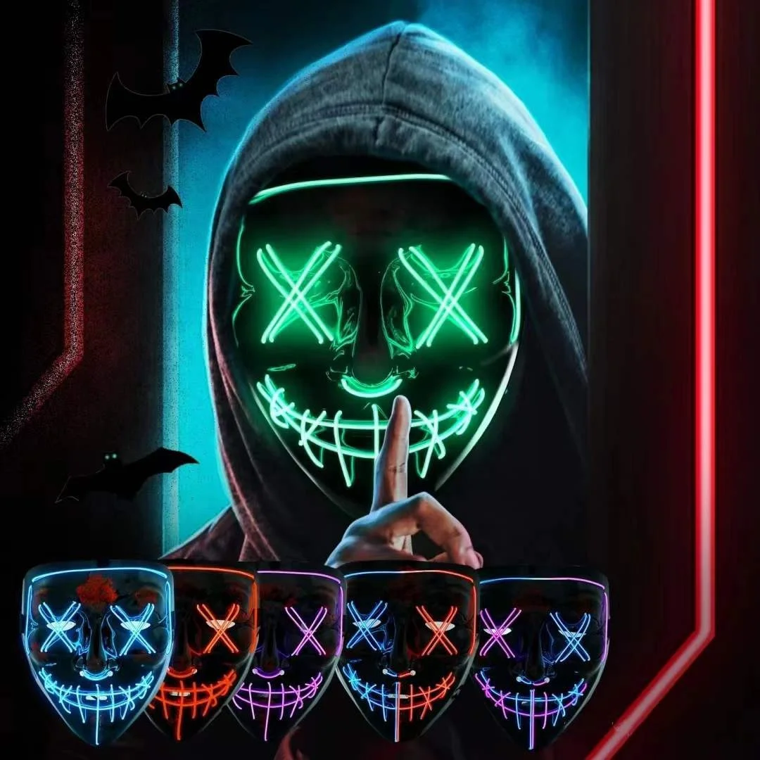 2024 Hot Sale Novelty Wire Halloween Decorations Glowing Party Scary Horror Glowing Mask Black Words Halloween Led Masks