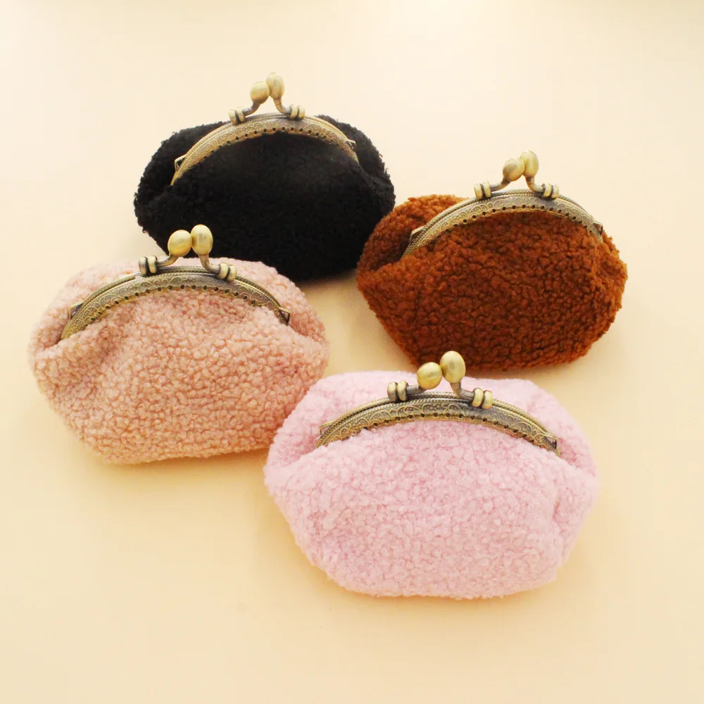 Custom Logo 4 inch Plush Coin Pouch Women Wallet Lock Cosmetic Bag Clasp Clutch Coin Purse Buckle Snap Closure Lipstick Bag