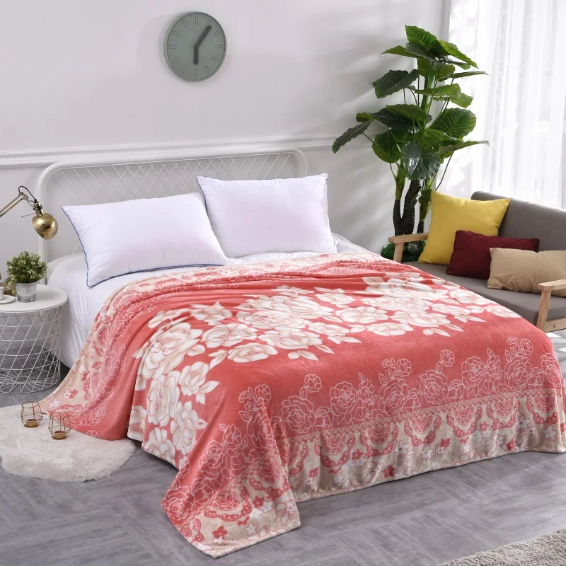wholesale soft warm coral flannel fleece double size bed blanket print