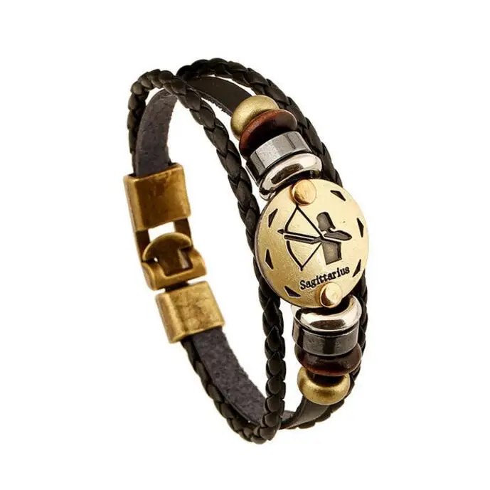 
Real Factory 12 Zodiac Cheap Personalized Vintage Punk Man Peace Truth Leather Zodiac Leather Bracelet Men 