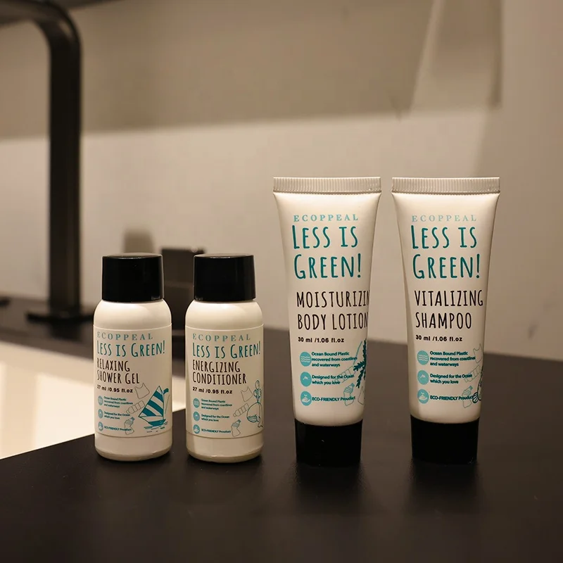 Wholesale 5 Star Luxury recyclable Ocean Bound Plastic Bottles Hotel Toiletries Amenities Set With Shower Gel Lotion Sets