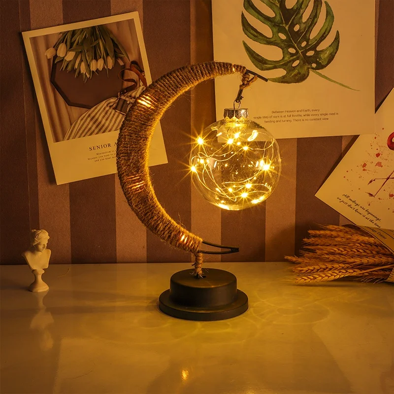 Handmade Hemp Rope Table Lamp LED Hanging Iron Ball Star Shape with Copper Wire Moon Decorative Night Light for Christmas