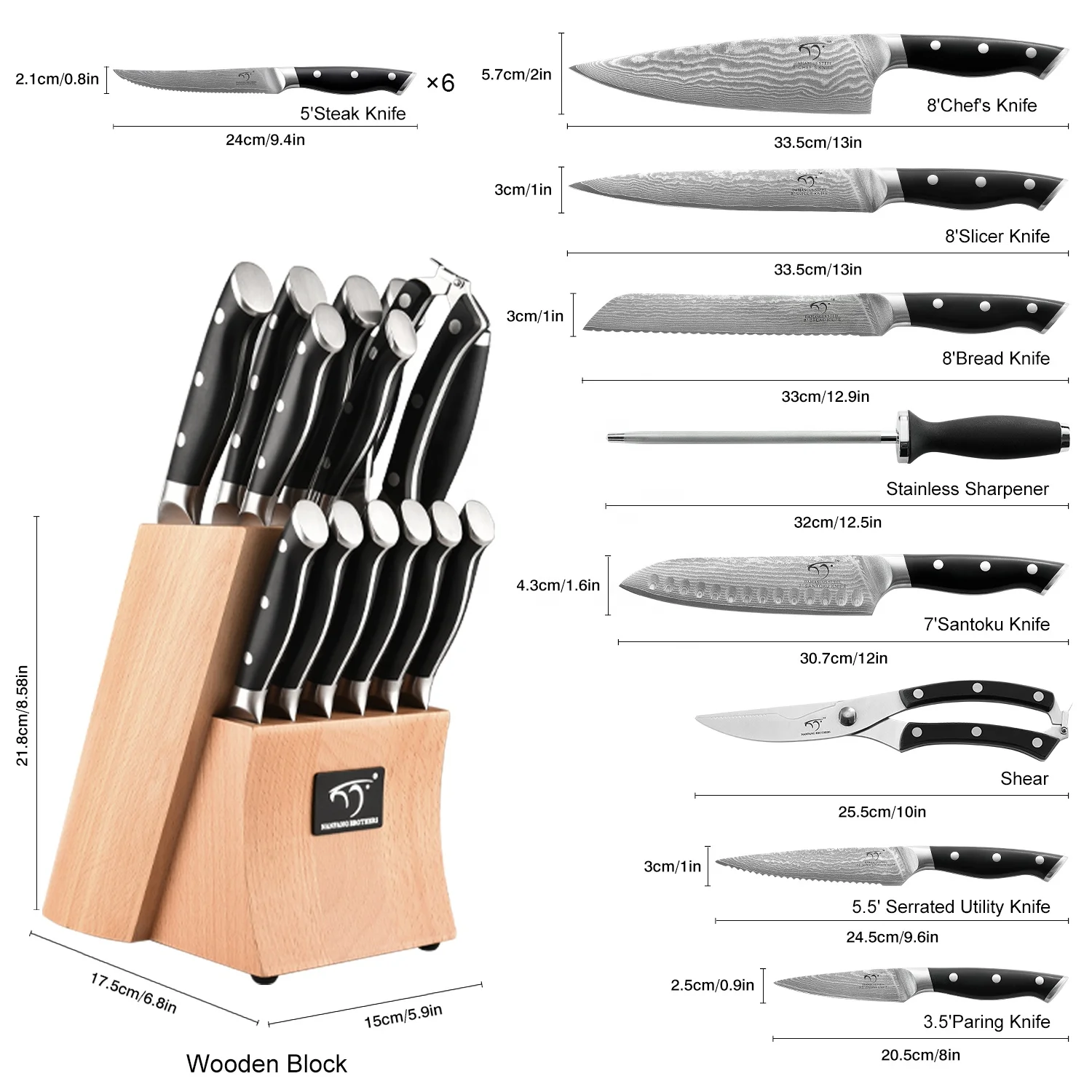 15 шт. набор профессиональных дамасских ножей для шеф-повара кухонный нож стейка с персиковым деревянным блоком
