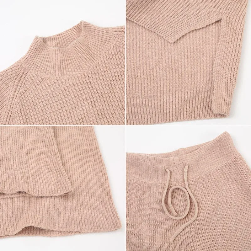 Custom LOGO Organic Cotton sweater sets women casual Lounge knitted sets sweater two piece set women sweater suits