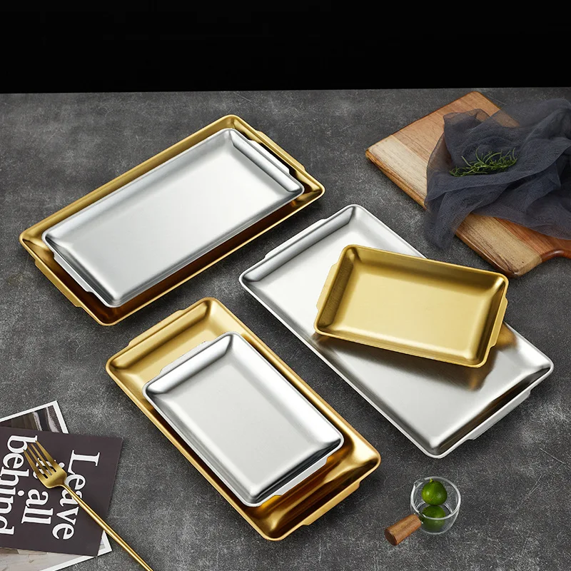 Korean Style Barbecue Plate Gold Luxury Stainless Steel Thickened Baking Food Rectangular Serving Tray For Wedding Hotel