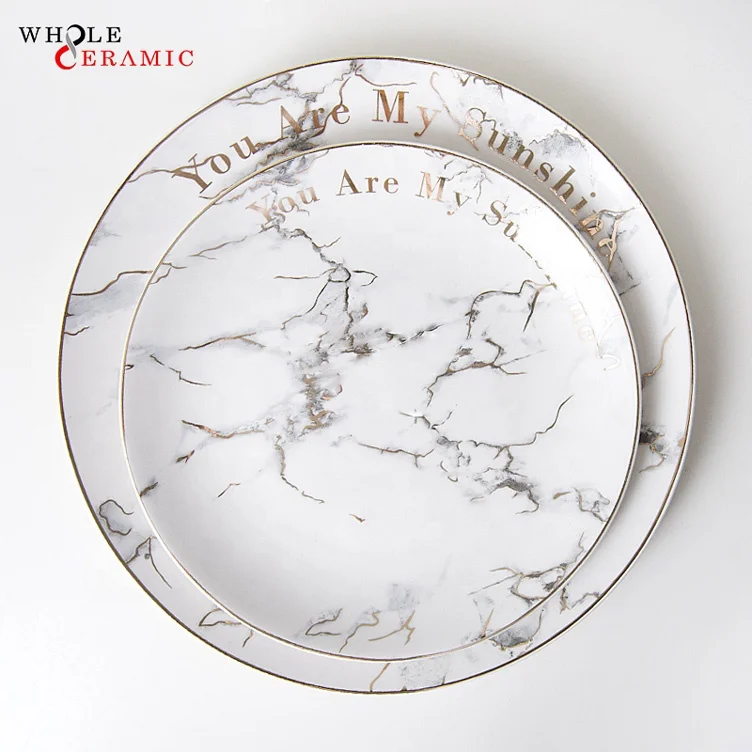 WtP01 Restaurant Dinner Pizza Decor Dessert Charger Serving Dishes, White And Black Marble Crockery Ceramic Plate Set