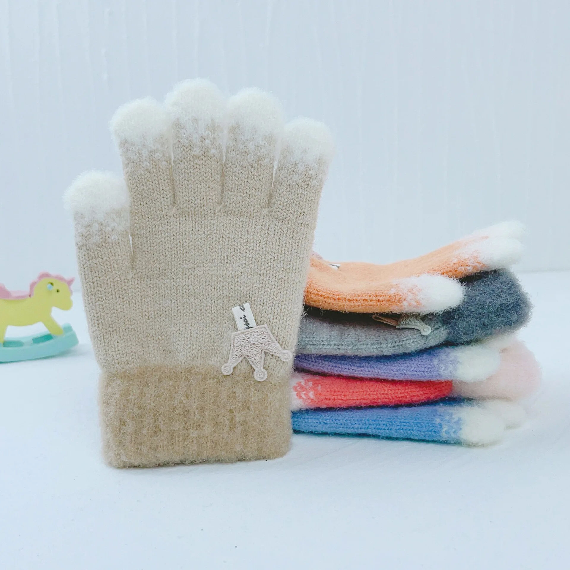 Custom Logo Winter Baby Finger Gloves Warm Thickened Child Soft Knitted Five-finger Gloves For 2-6 Years Old Boys Girls Gloves