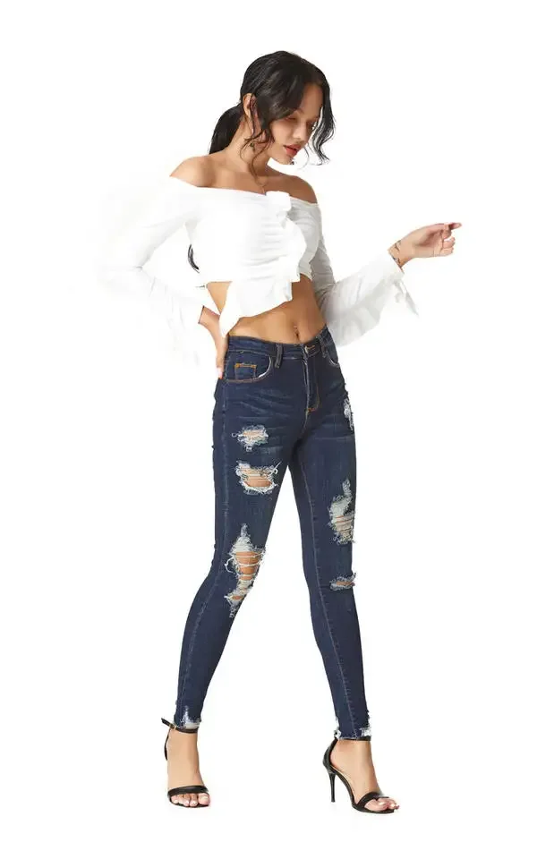 Wholesale Hot Selling Leggings Dark Blue Ladies Jean Women Destroyed Skinny Denim Jeans Women Pants