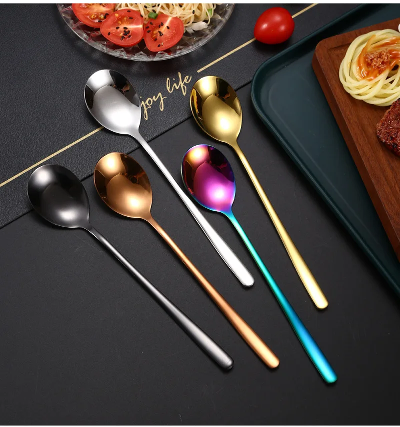Korean Style Colorful Stainless Steel 304 Titanium Spoons Metal Dinner Long Spoon Set
