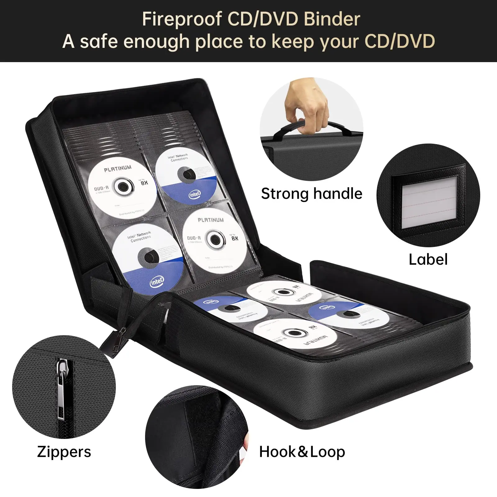 Fireproof CD Case 400 Capacity DVD Storage Clip with Zipper Portable Organizer for Home Office Travel