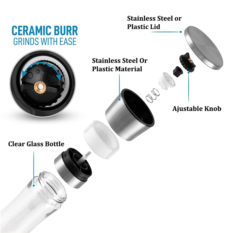 Amazon Wholesale  Adjustable Ceramic Core Bottle Stainless Steel Glass Salt Mill Chili Manual Pepper Grinder Mill Shakers Set